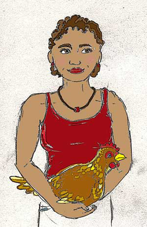Woman farmer holding chicken by Susan Fluegel at Grey Duck Garlic